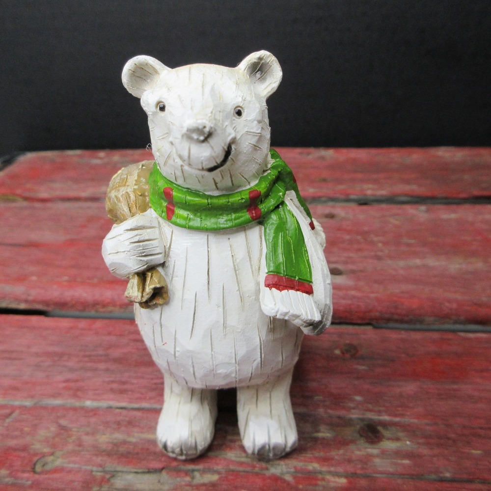 Christmas Polar Bear Figurine Statue with Scarf & Sack Winter Holiday Decor NEW - Picture 2 of 8